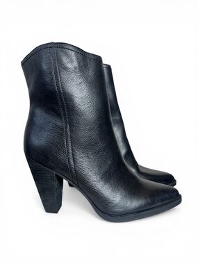 Zodiac Black Leather Ankle Booties with Stacked Heel